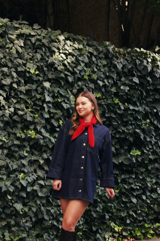 Woman wearing a navy blue dress with a red scarf standing against a wall of green ivy.